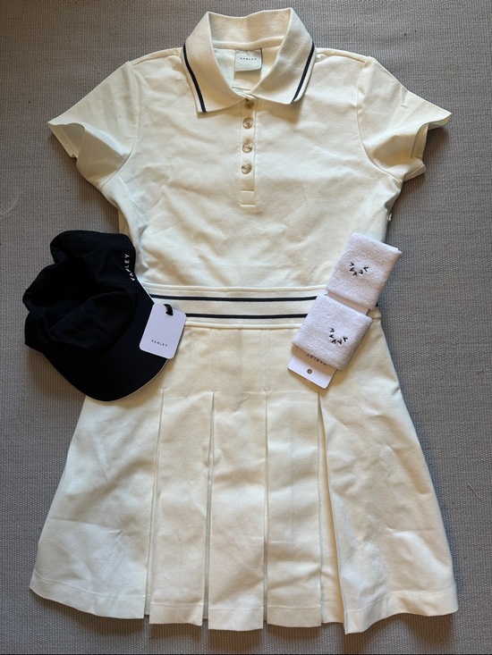 Varley Dresses & Skirts - Varley Cream Polo Tennis Dress with Black Stripe Accents. NWOT. Hat and  bands